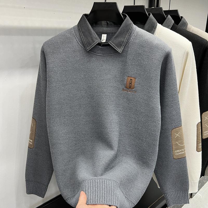 Autumn And Winter Trendy Brand Fake Two-Piece Shirt Collar Long-Sleeved Sweater Knitted Sweater Warm Casual Fashion Men