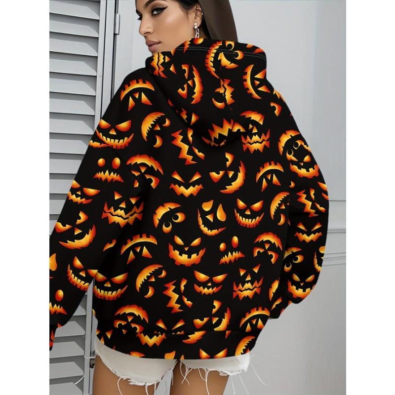 Halloween Pumpkin Print Zip Hooded Pocket Jacket