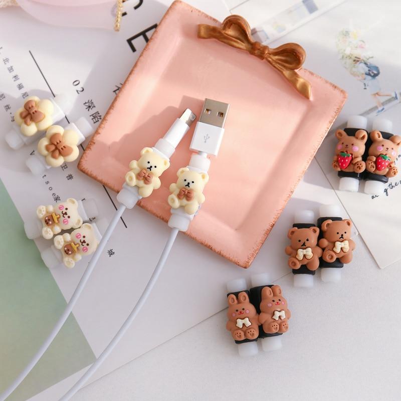 2Pcs Charger Cable Winder Protector White Bear Cartoon Saver Data Line Protective Case Earphone Cord Sleeve Cover Wire Organizer