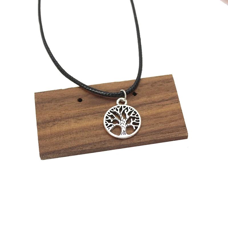 

Hollow Round Family Life Tree Plant Pendant Choker Necklace For Women Black PU Retro Silver Color Leather Leaf Jewelry