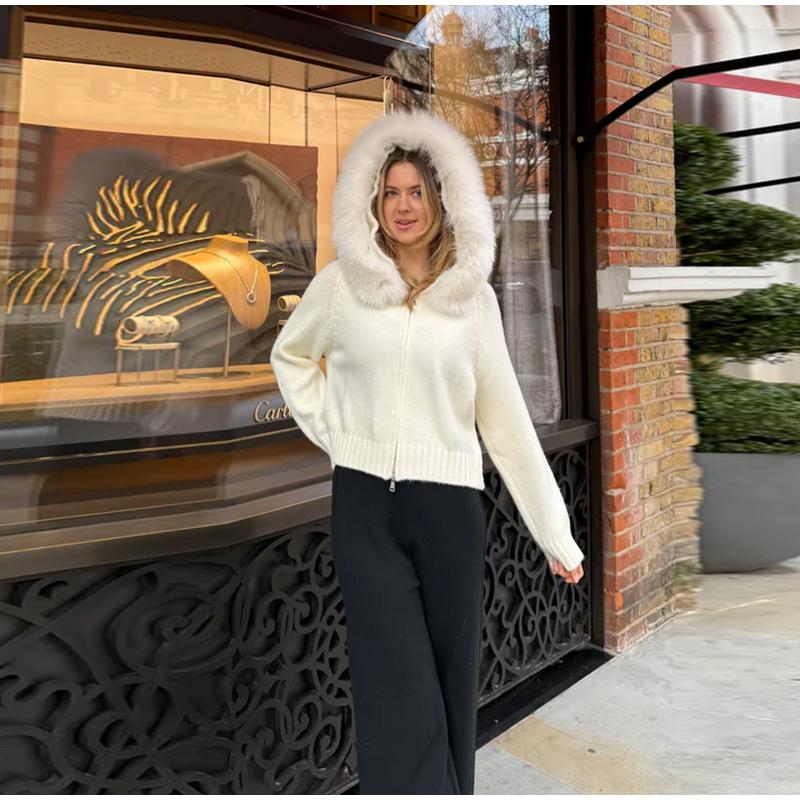Long-sleeved Fur Collar Hooded Sweater Autumn and Winter Inner and Outer Wear Dual-purpose Ladies Solid Color Zipper Blouse Slim Knit Ladies Cardigan