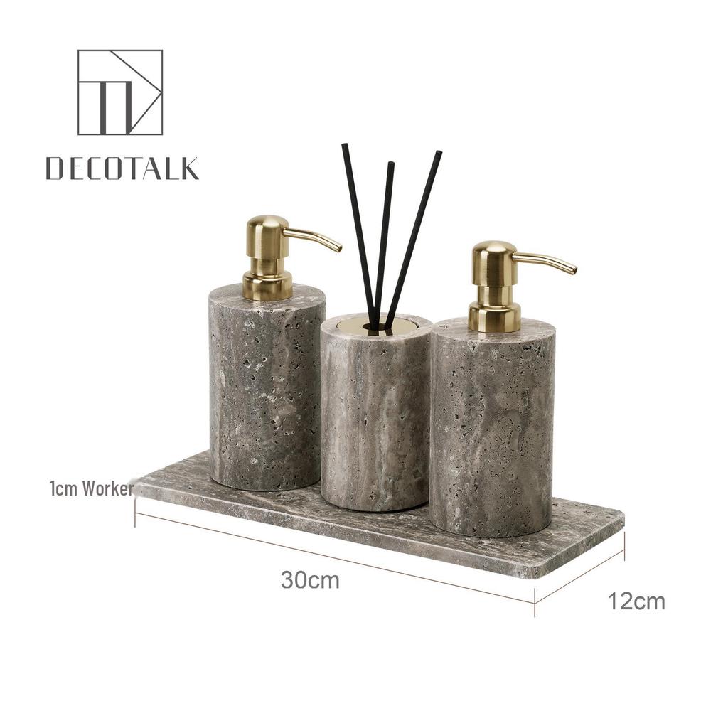 Set da Bagno Travertino Grigio Argento Wabi-Sabi: Vassoio e Decorazione per Lavabo.