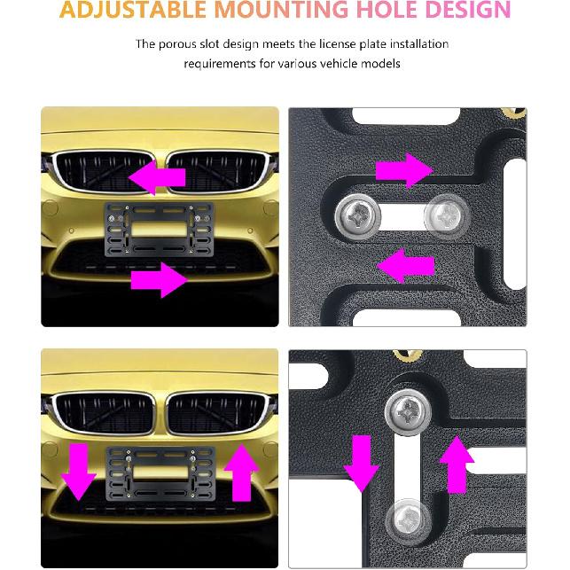 Front License Plate Holder Bracket - Black Universal ABS Mounting Kit Frame with Copper Thread, Screws & 4 Stainless Steel Ties for Front Bumper