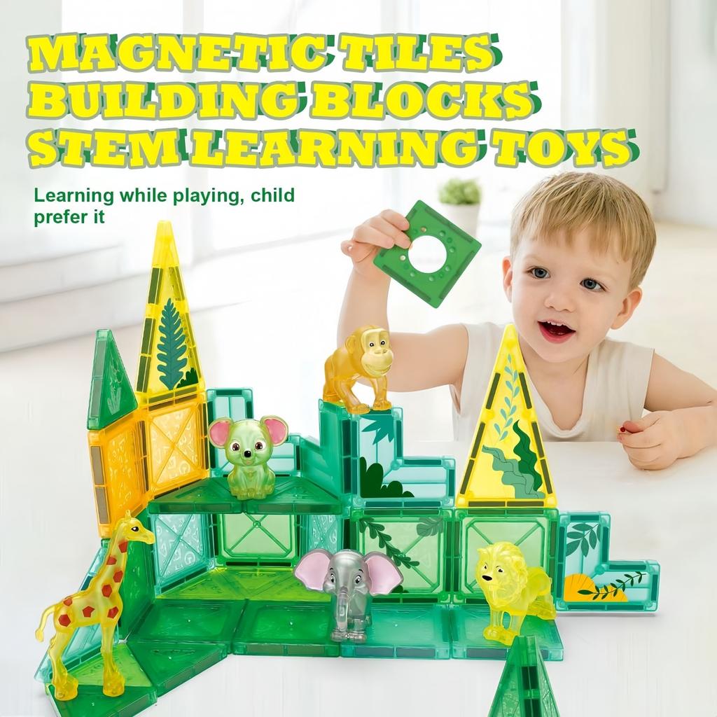 Magnetisches Baustein-Set, 90 Teile, Thema Waldtiere, Lernspielzeug für Kinder, Fördert Feinmotorik & Vorstellungskraft