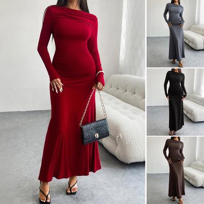 Autumn and Winter Women's Temperament Solid Color Hip-packing One-length Dress