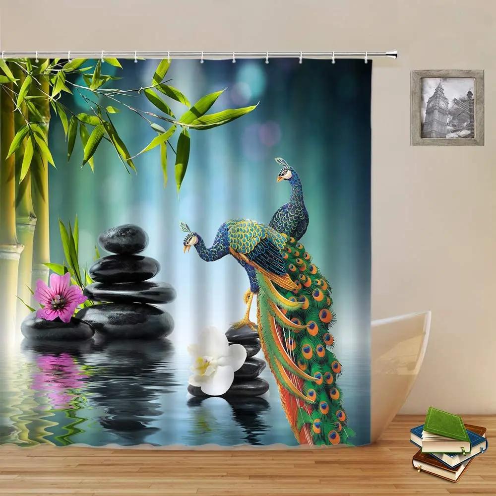 Green Bamboo Zen Stone Shower Curtains Lotus Flowing Water Zen Landscape Shower Curtain Home Bathroom Decoration Set with Hooks