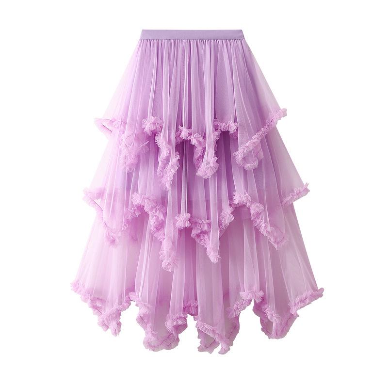 Women's Japanese Style Ruffle Mesh Midi Skirt - Fluffy Fairy Gauze with Wide Hem
