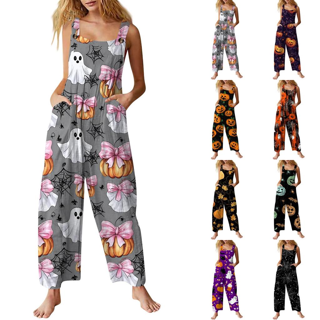 Women's Sleeveless Jumpsuit Cotton Halloween Print Casual Loose Fit Overalls Wide Leg Romper with Adjustable Straps and Pockets