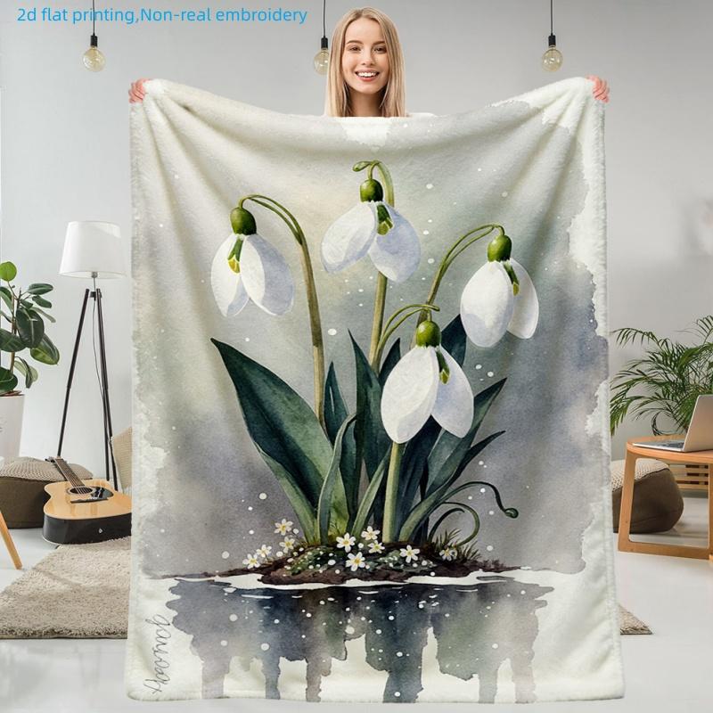 1pc Watercolor Floral Snowdrop Flower Printed Blanket, Natural Fresh, Multi-Size Available, Suitable for Living Room, Bedroom, Study, Balcony, Office