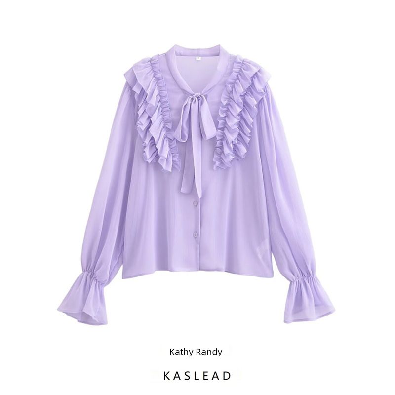 Kaslead New Arrival Women's Fashion Style Fashion Casual Easiest for Match Purple Ruffles Long Sleeves Shirt