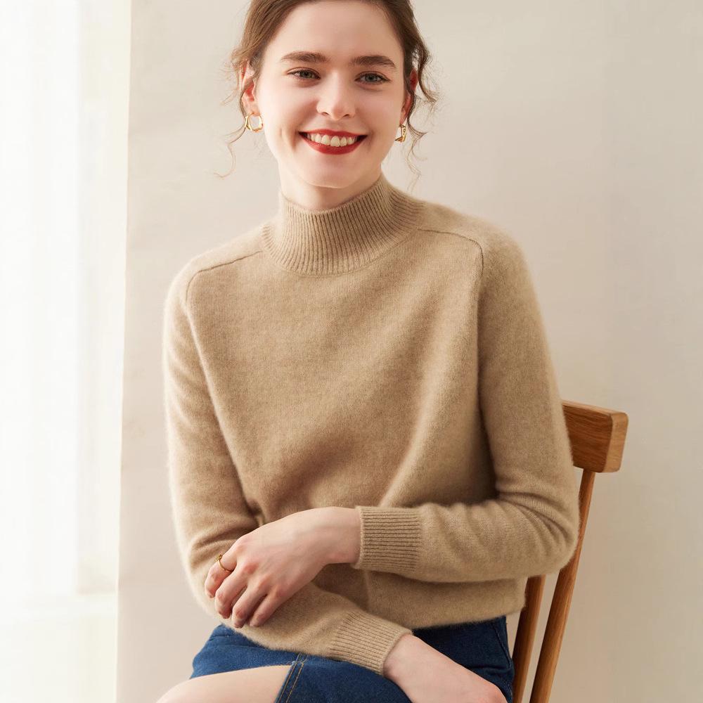 Women's Cashmere Half High-Neck Sweater - Autumn/Winter, Thickened, Solid Color, Loose Saddle Shoulder Knit.