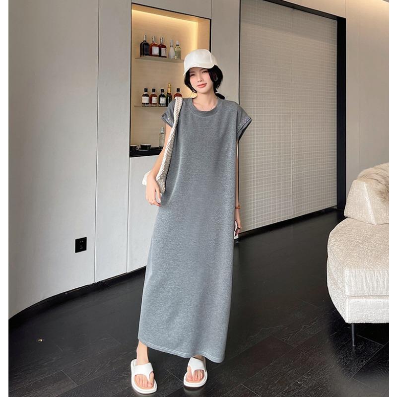 Dimanaf 2024 Plus Size Summer T-Shirt Dress Women Loose Show Thin O-Neck Vintage Cotton Casual Spliced Short Sleeve Solid Long Dress