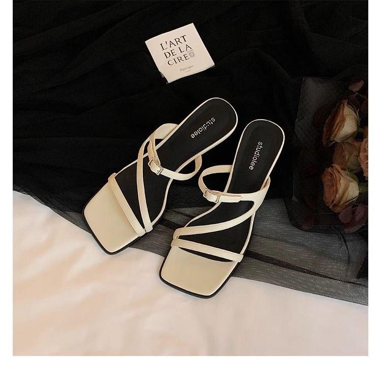 Grape Mother Summer New Temperament Square Head Open Toe Thin Belt French Word Belt High Heels Versatile Sandals Women's Summer