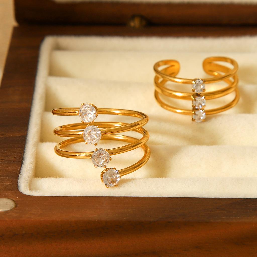 Three-layer Stainless Steel Ring Inlaid with Zircon, Light Luxury Versatile Titanium Steel Open Ring