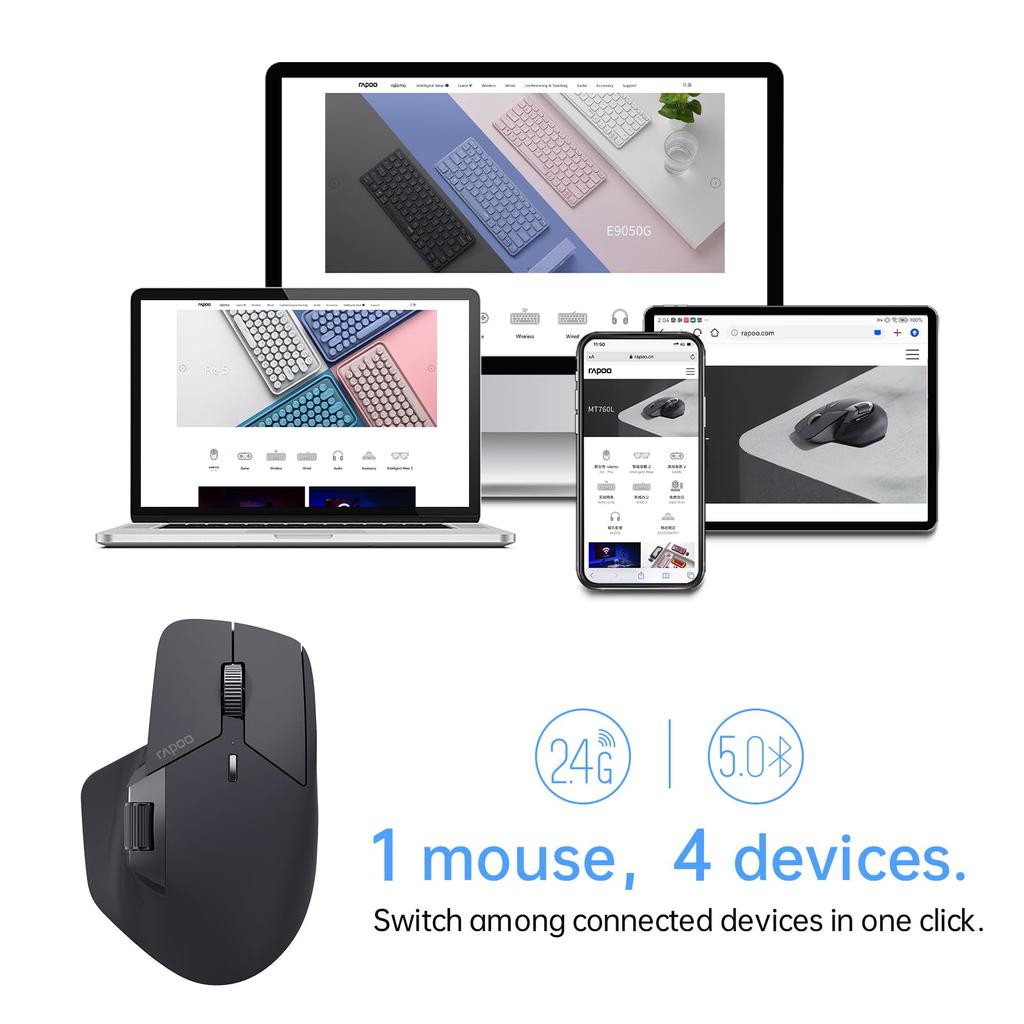 Rapoo MT760Mini Bezdrátová Bluetooth Horizontální 11 Programovatelných 5 Současných Zařízení 6 Kláves 2 Ergonomické DPI Kontinuální Matná Černá Mini Velikost Myš,
