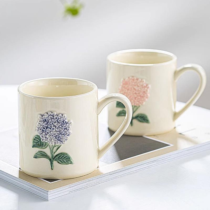 Japanese-Style Handmade Three-Dimensional Color Hydrangea High-Value Literary Relief Ceramic Breakfast Cup Drinking Cup