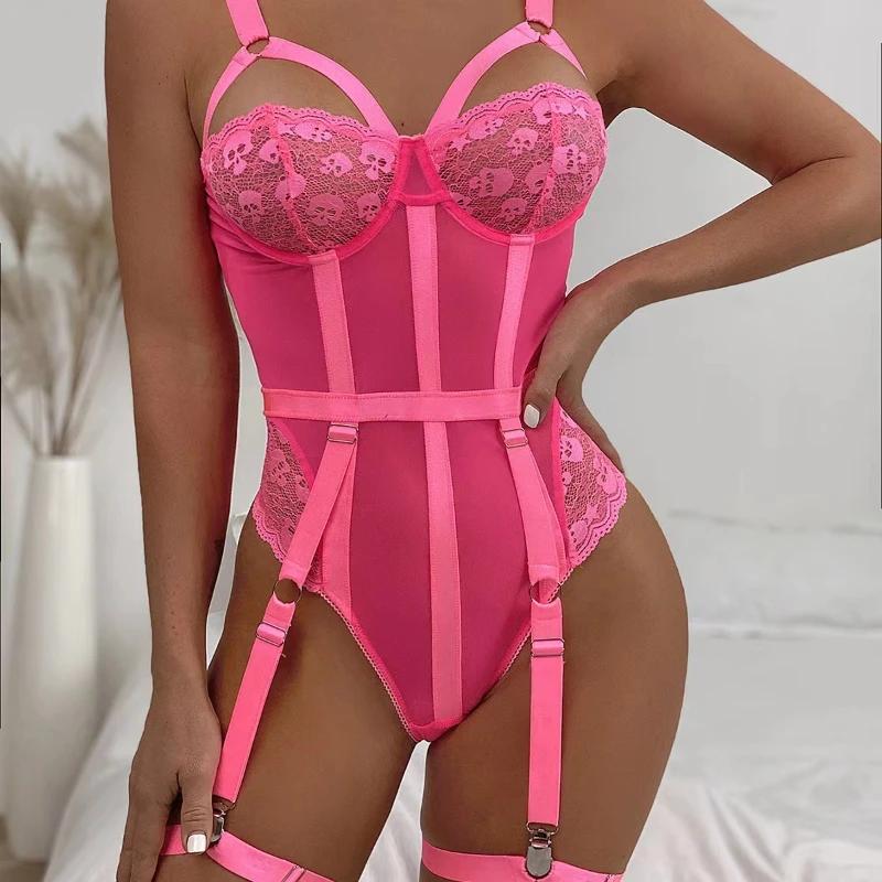 Sex Bodysuits Exotic Costumes Garter Women Lace Steel Ring Pajamas See Through Ultrathin Sensual Lingerie Trikini Underwear