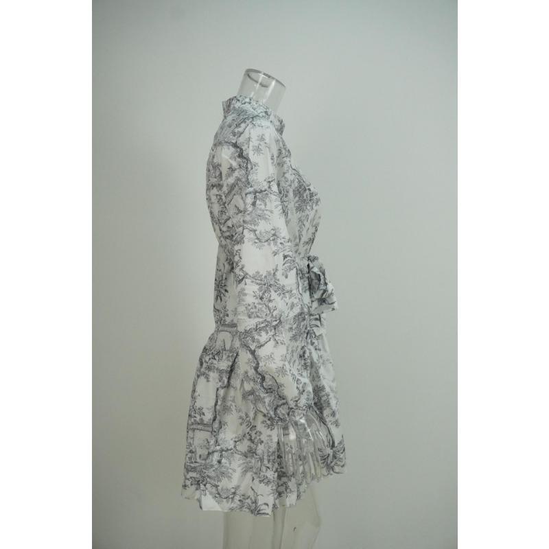 Women Elegant High Waist Tied Printed Long Sleeve A Line Short Dress