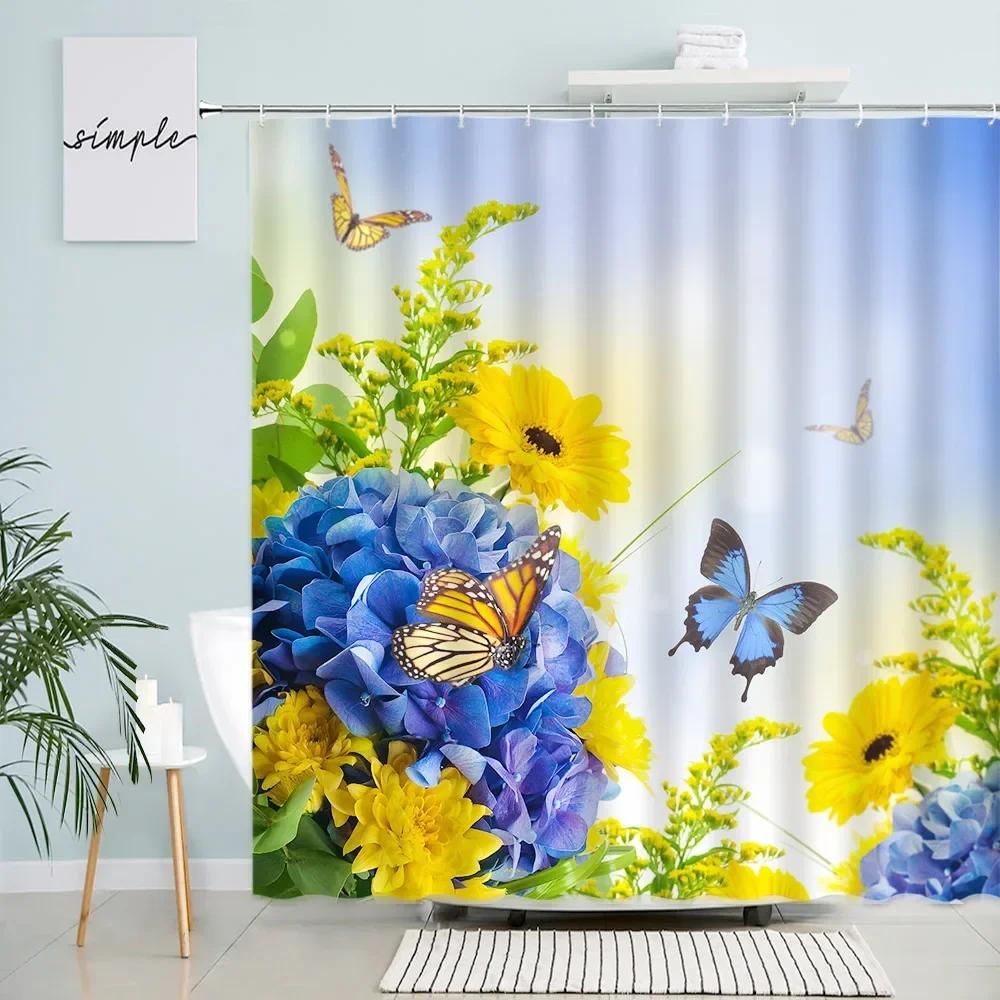 

Butterfly Flowers Shower Curtains Pink Rose Blue Tulip Spring Rustic Floral Plant Nature Scenery Fabric Bathroom Decor Set Hooks 90x180cm-35x70in