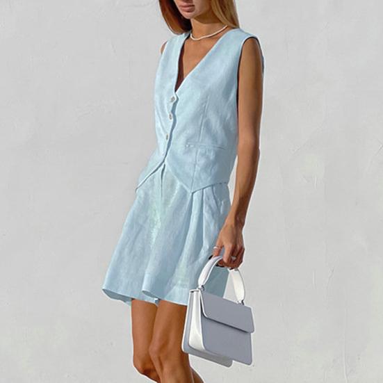 2Pcs/Set Women Vest Shorts Suit Summer V Neck Casual with Pocket Sleeveless Solid Color Ladies Waistcoat Top Shorts Kit Office Wear