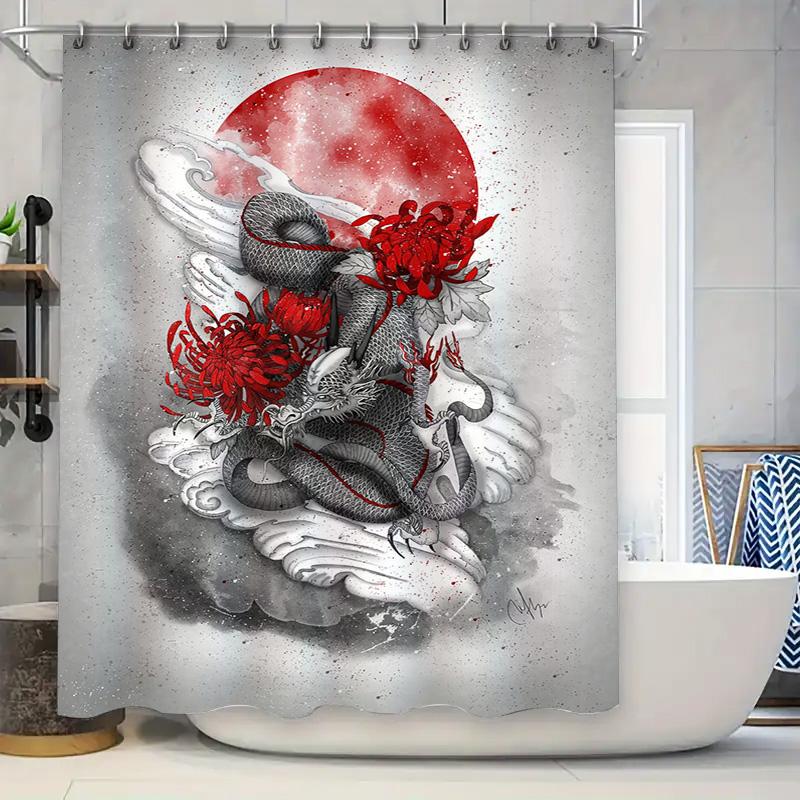 Red Chrysanthemums Snake Print Shower Curtain Premium Waterproof Decor For Bathroom (128 Characters)