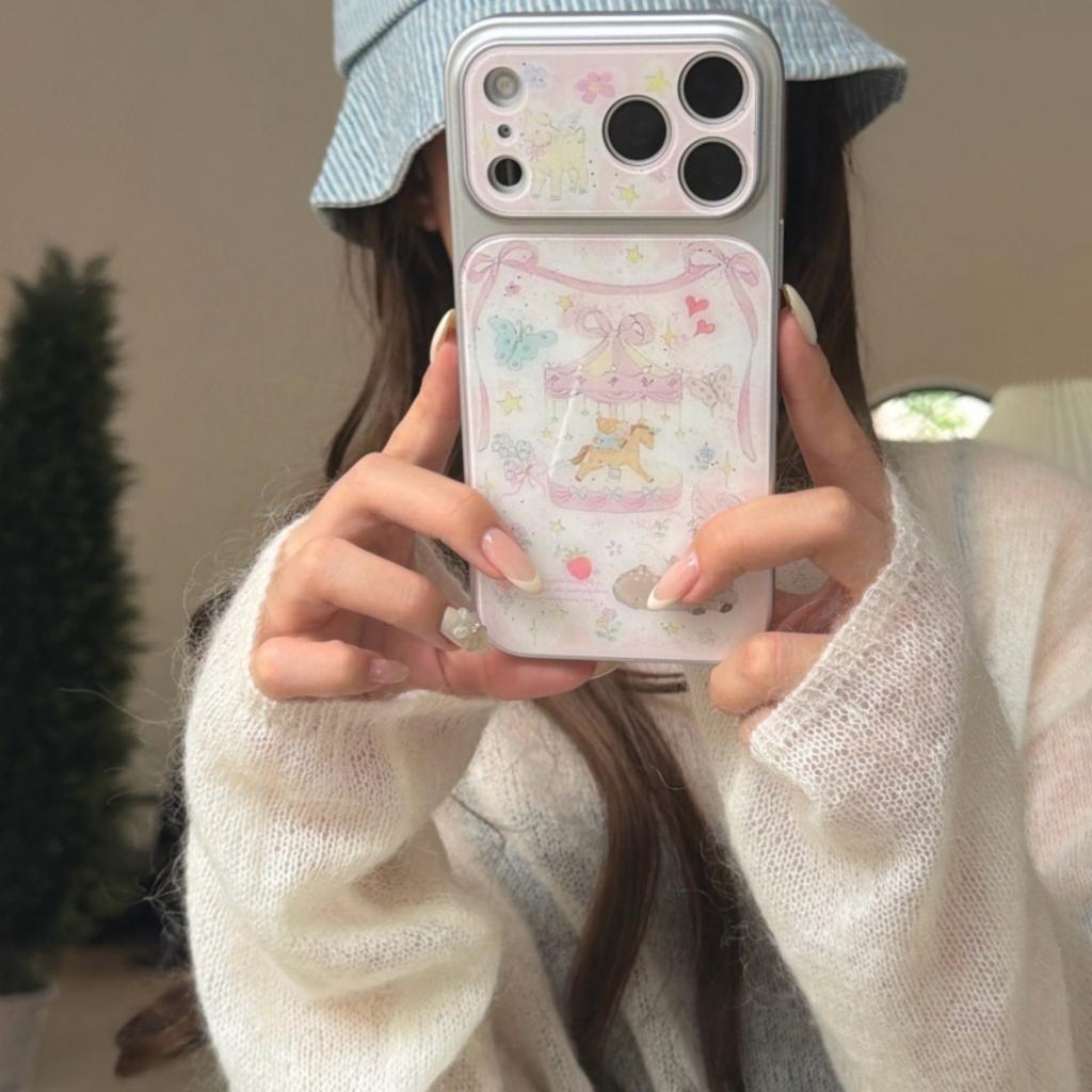 Korean Cute Pink Carousel Deer Bow iPhone 17 Pro 16 Pro Max 14 15 Case Anti Drop Protective Cover
