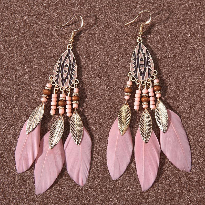 Bohemian Water Drop Tassel Earrings: Long Feather Design with Rice Beads, Ethnic Style for Women - Perfect Travel and Holiday Accessory