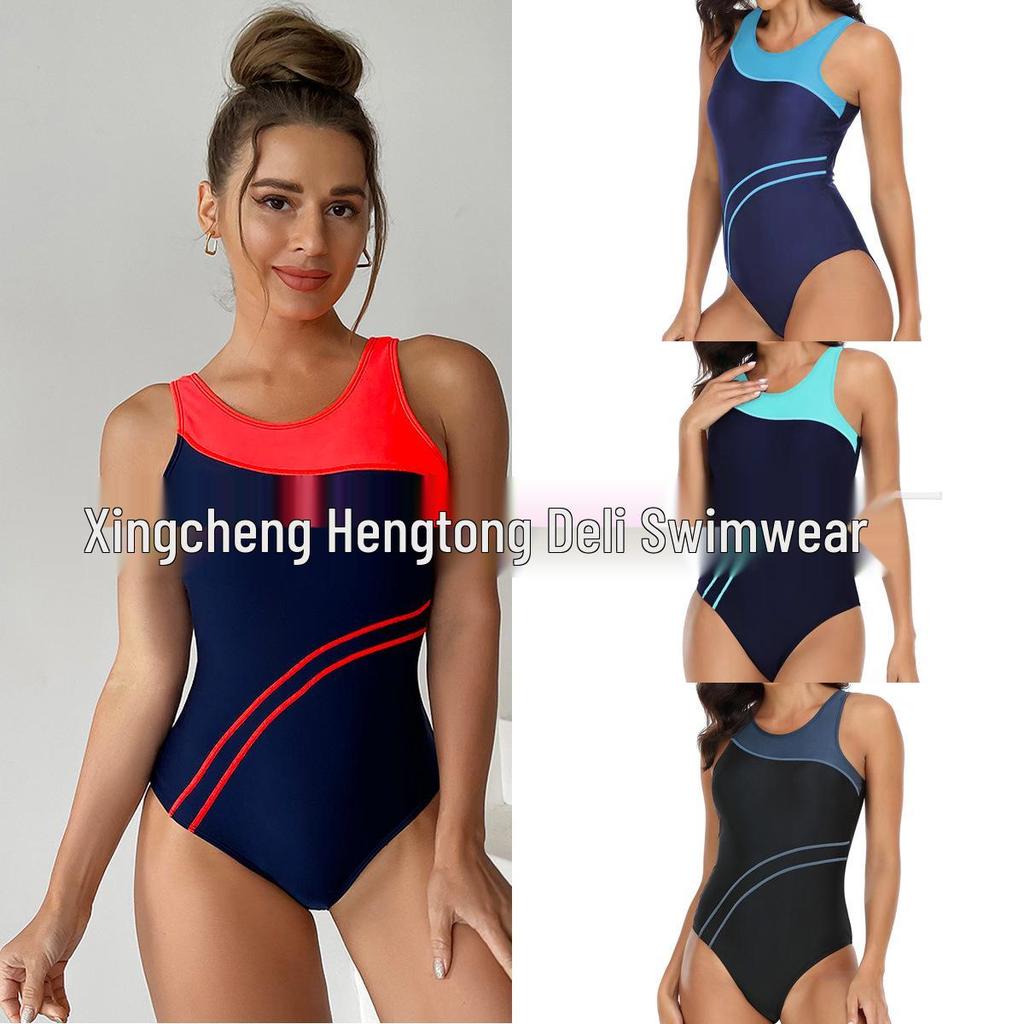 Sporty Colorblock One-Piece Triangle Bikini for Women – Professional Racing Swimsuit (European & American Style)