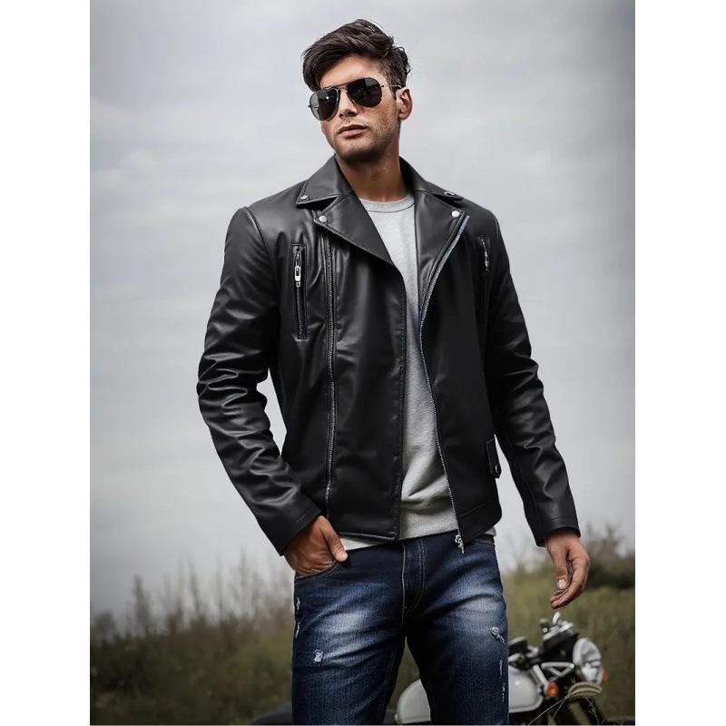 Европейско-американская мужская приталенная ретро мотоциклетная куртка из ПУ-кожи M чёрный