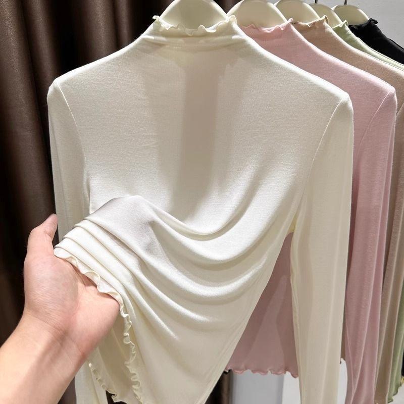 Spring and Autumn New Half-high Collar Fungus Thin Super Elastic Base Fashion Solid Color Long-sleeved Top