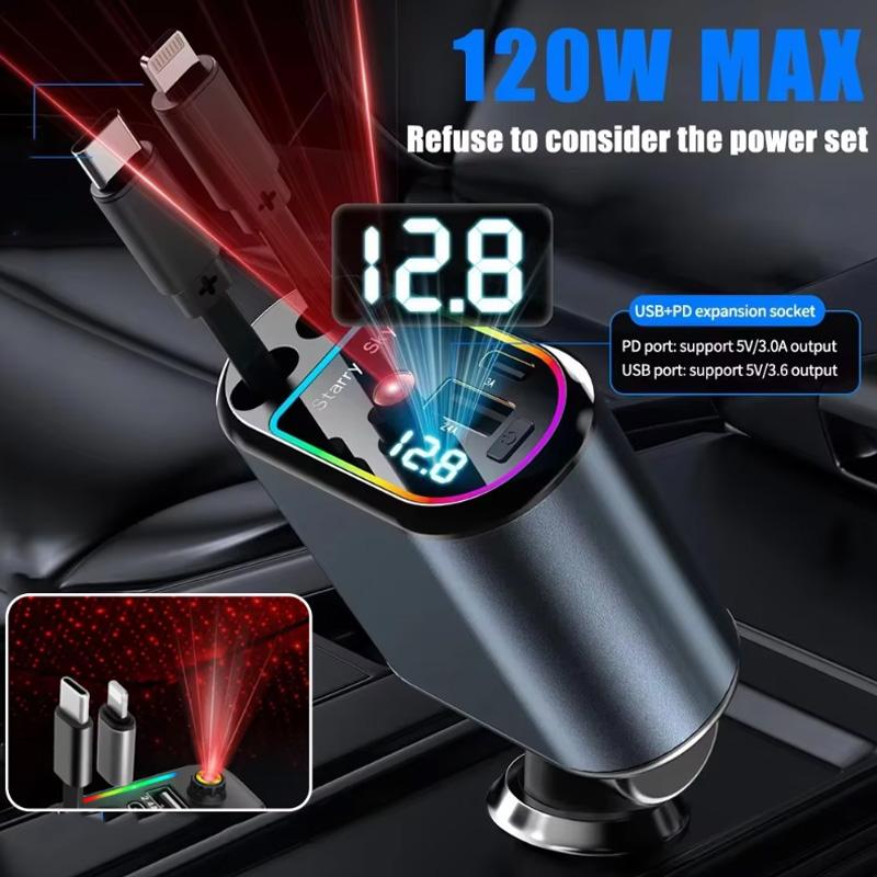 4 in 1 120W Car Charger Retractable Car Cigarette Lighter Adapter USB Type C Fast Charger Cable For IPhone Xiaomi Huawei Samsung