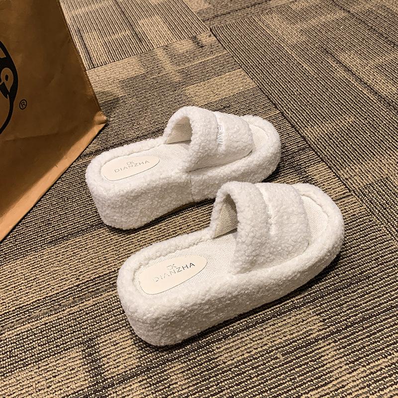 

Fashion muffin fluffy slippers women s 2025 new autumn and winter outer wear slope heel heel heightened thick bottom one-word cotton slippers tide 40