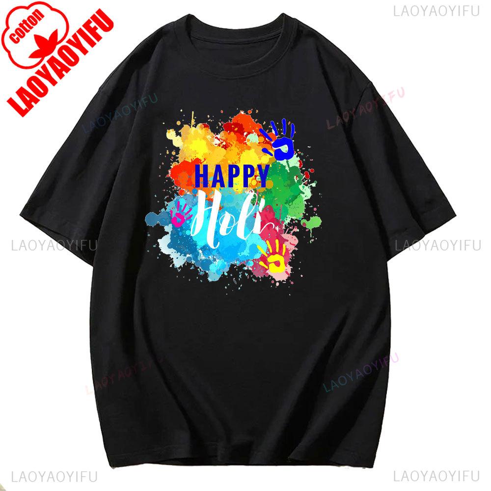 Holi Celebration Graphic TShirt Spring 2025 Streetwear Short Sleeve Unisex Fashion for Youth Adults Hindu Festival of Colors