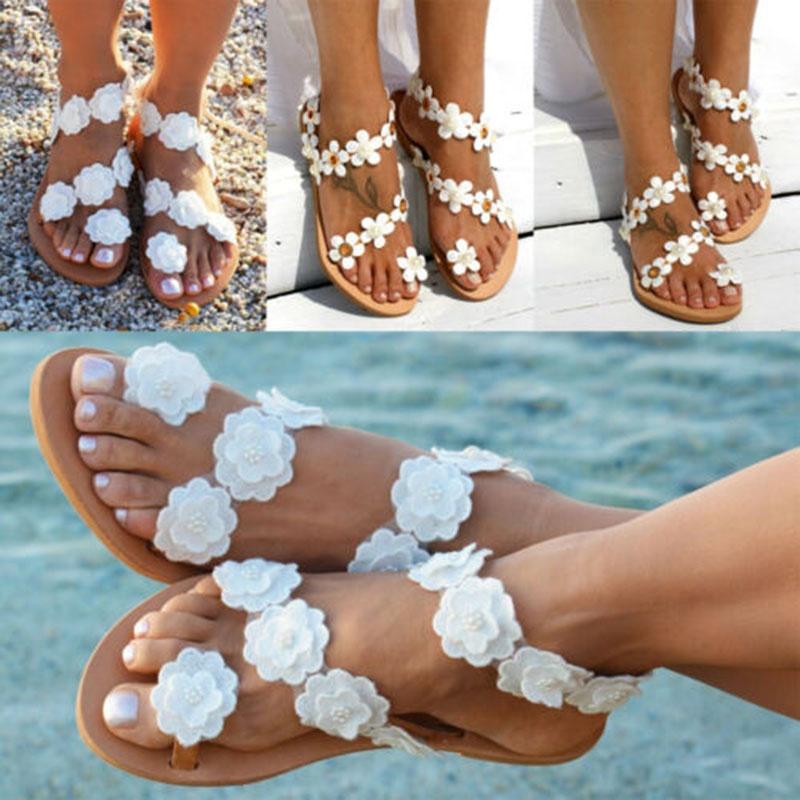 Elegant Women Summer Bohemia Flower Beach Sandals Flat Shoes Slippers Flip Flops