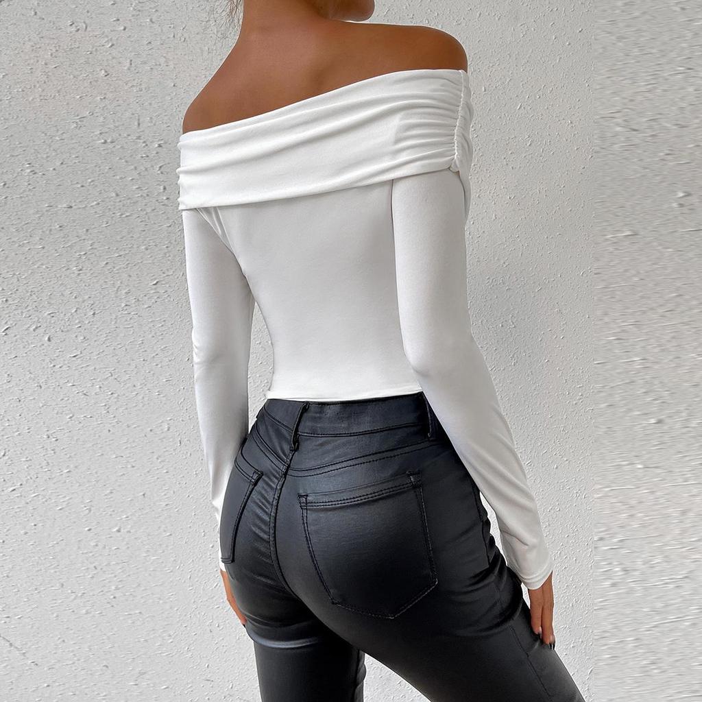 2024 European & American Autumn/Winter Women's Sexy Deep V Long Sleeve Pleated Off-Shoulder Top
