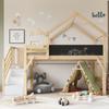 Patrová postel s zábranou, Jedinečný design střechy, Tabule na kreslení křídou, Se 3 přihrádkami ve schodišti, Borovice+MDF+Překližka, Bílá+Přírodní, 90x200cm