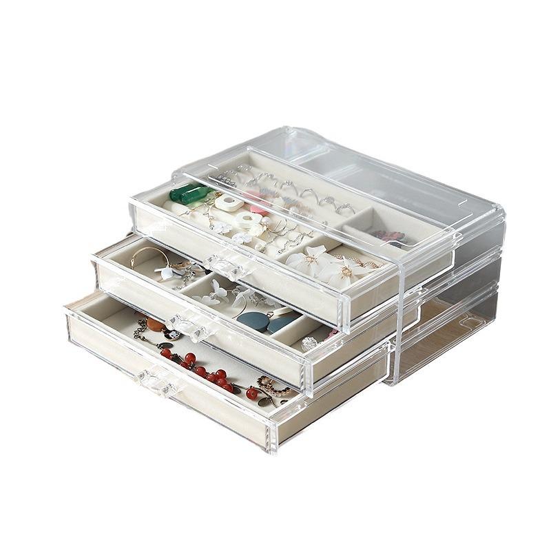 Three-Drawer Velvet Jewelry and Cosmetic Organizer with Necklace, Earring, and Ring Display