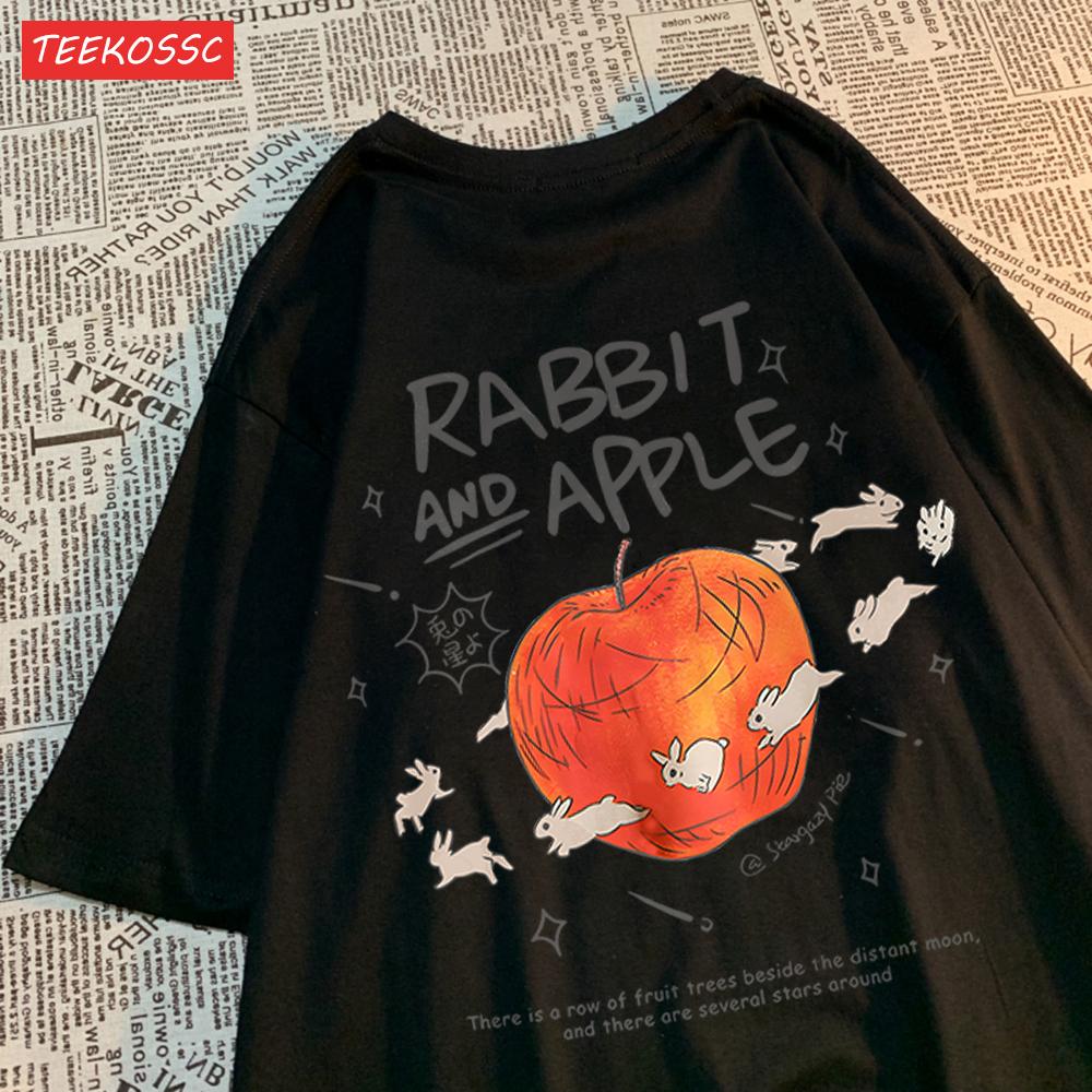 

Rabbits Running Around Apples Print Mans Tees Cartoon Breathable T Shirts Popular Comfort T-Shirt Retro Round Neck Short Sleeved 4XL