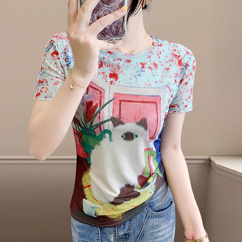 Chic Short Sleeve Women's T-Shirts Clothes Fashion Elastic Slim Summer Tops Classic Print Casual Tees Blouse