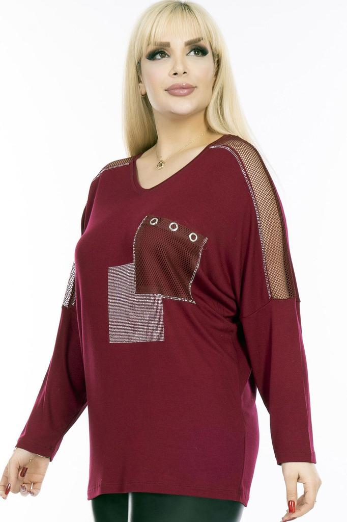 Damen-Bluse in großen Größen, V-Ausschnitt, Tasche und Ärmel, Mesh-Detail, Steinstickerei, lange Ärmel, bequeme und fließende, flexible Bluse