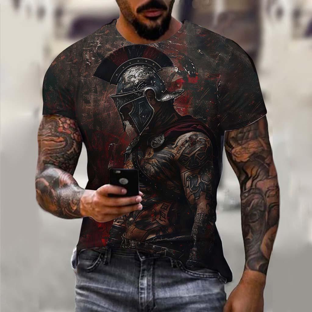 Samurai 3D Printed Short Sleeved T-shirt Summer Breathable Polyester Simple Round Neck Top