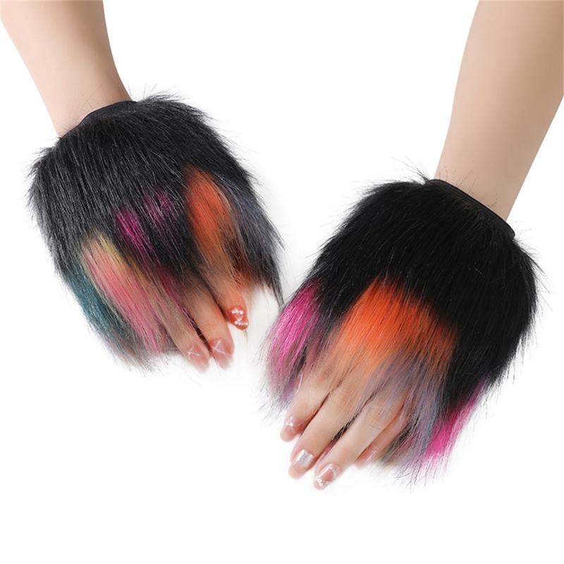 Fingerless Rainbow Fleece Gloves For Winter Soft Plush Warmth Unisex Design Colorful Bear Cosplay