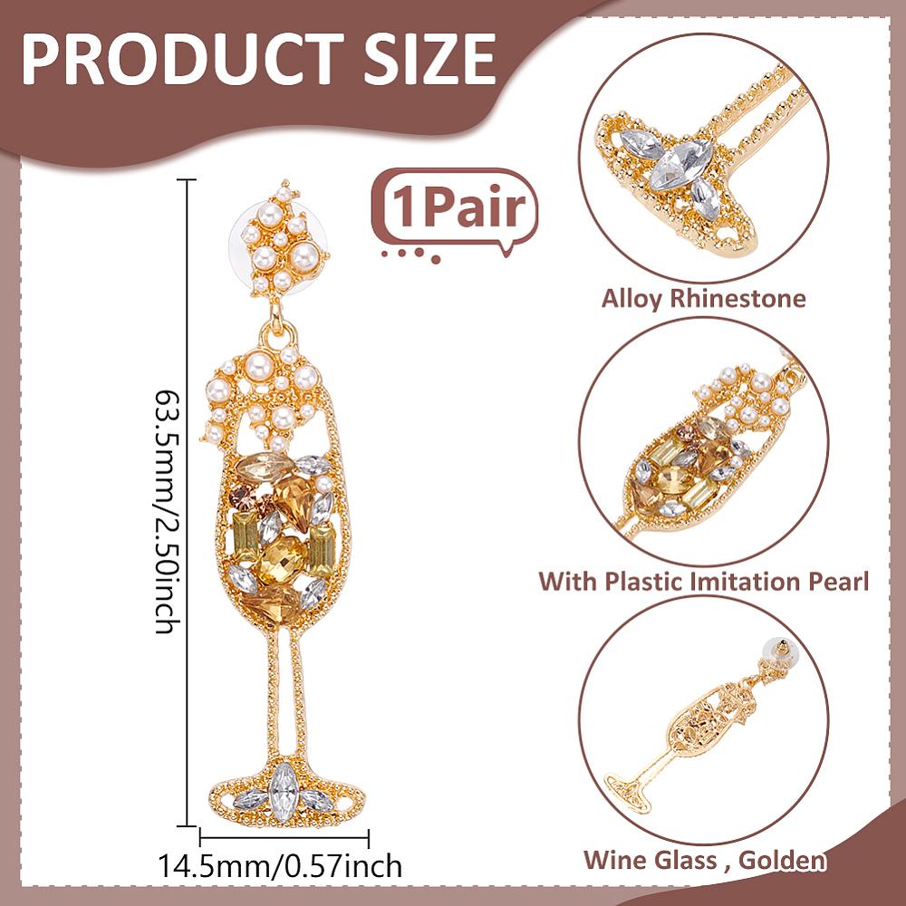 1Pair Alloy Rhinestone Dangle Stud Earrings, with Plastic Imitation Pearl, Wine Glass , Golden, 63.5x14.5mm