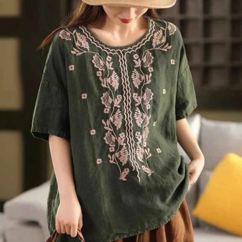 Embroidered Literary Loose Retro Temperament Round Neck Short-sleeved T-shirt Embroidered Versatile Summer Top