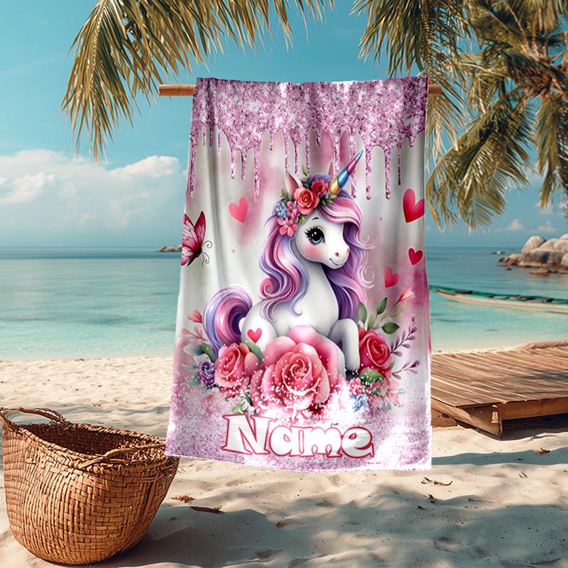 Custom Name Ultra-Soft Beach Towel with Unicorn Theme,Ideal for Pool - Camping, Diving - Perfect Travel Essential, Vibrant Beach Towel.
