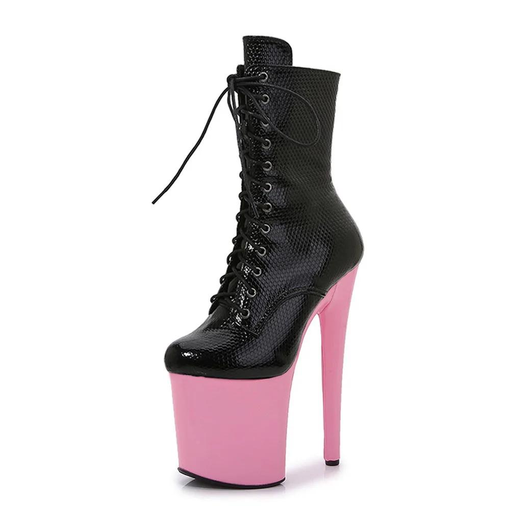 Fashion 20cm Popular Sexy Hate Sky High Boots Women's Bright Snake Pattern Thin Heeled Low Boots Super High Heeled Pole Dancing Shoes