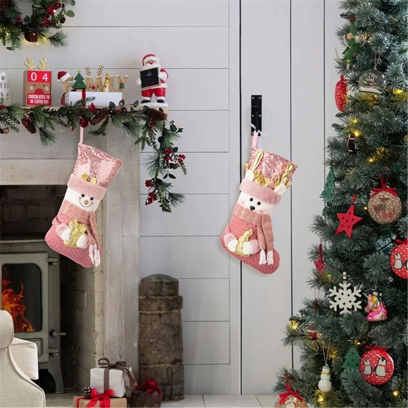 Pink Sequins Christmas Stocking Elegant Pink Glittering Christmas Stocking Durable Plush Fabric Home Decoration