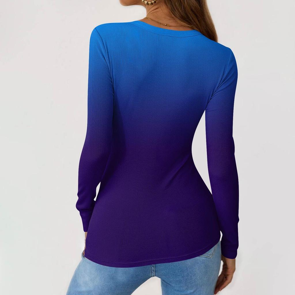 Dámské A Zimní Slim Spodní Tričko Módní Ležérní Gradientní Potisk Kulatý Výstřih Pulovr Dlouhý Rukáv Top