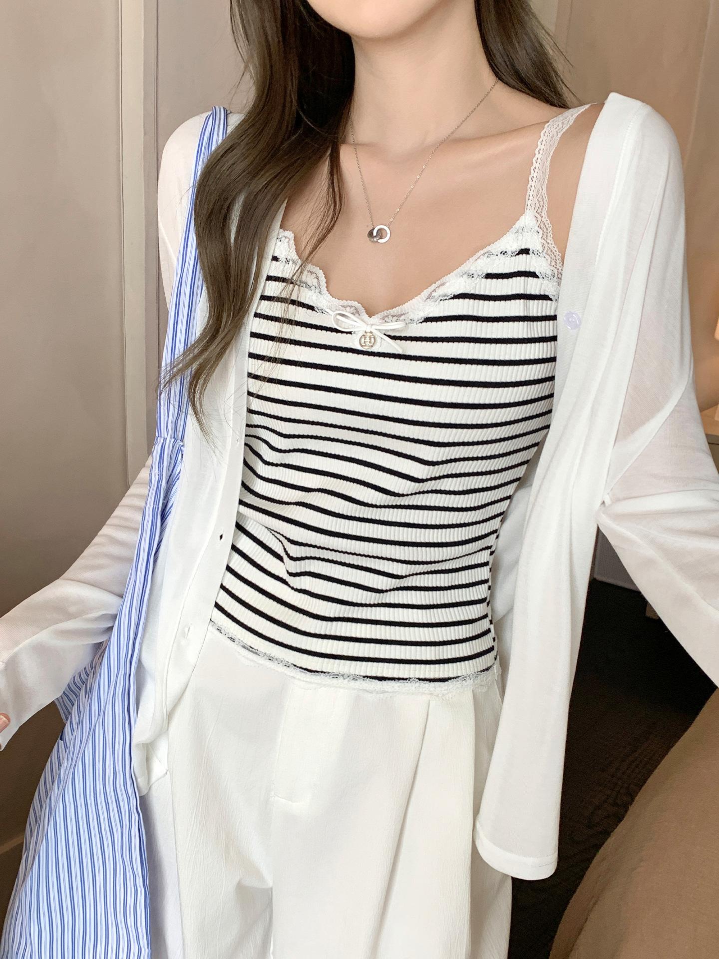 Black and white striped lace splicing bow sling vest women s new unique and beautiful outer sleeveless top S