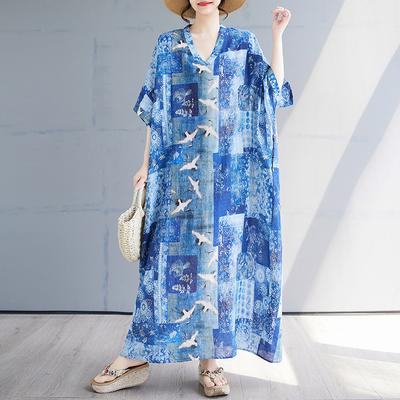 DIMANAF 2025 Summer Plus Size Dress Basic Women Casual Loose Blue Vintage New Long Oversized Dress Maxi